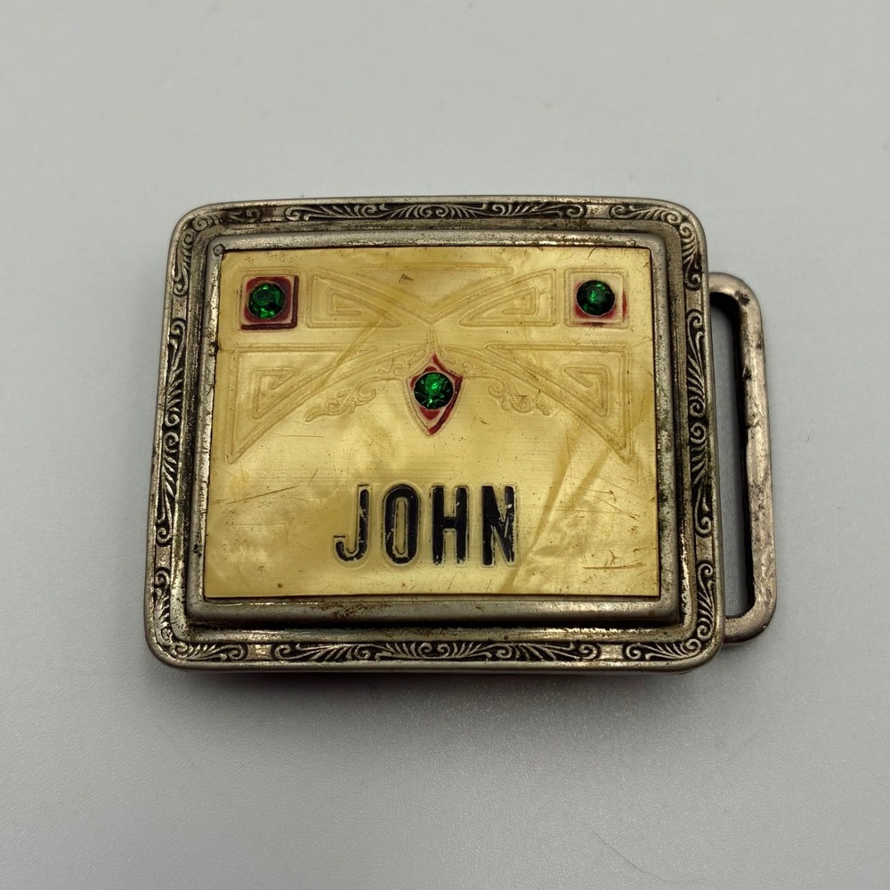 Vintage Silver Plate Art Deco John Name Belt Buckle Celluloid Inlay
